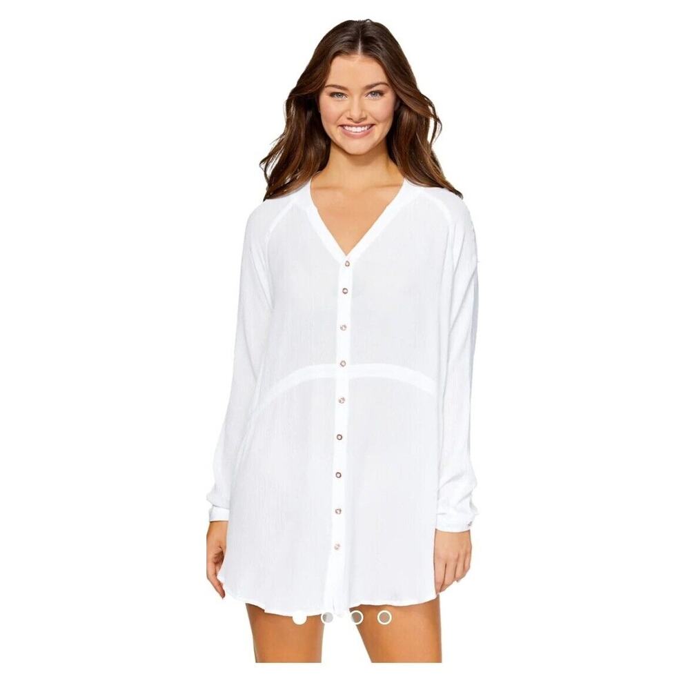 Raisins Juniors Belize Beach Shirtdress Cover Up Size M White Long Sleeve New
